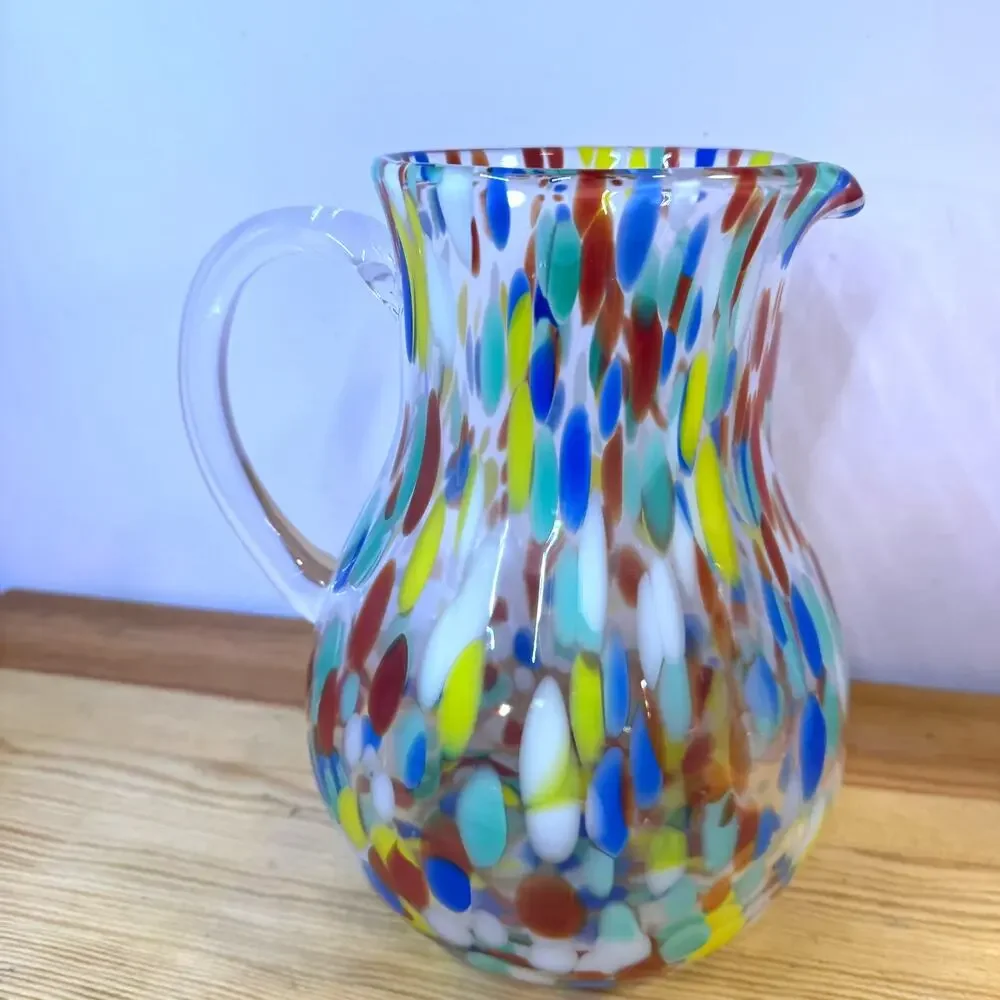 Ovente Confetti Margarita Glass Pitcher Multicolor Hand Blown Style 9.5
